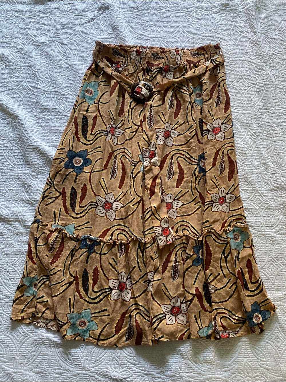 Boho Floral Tiered Midi Skirt in Tan with Blue & Red Accents